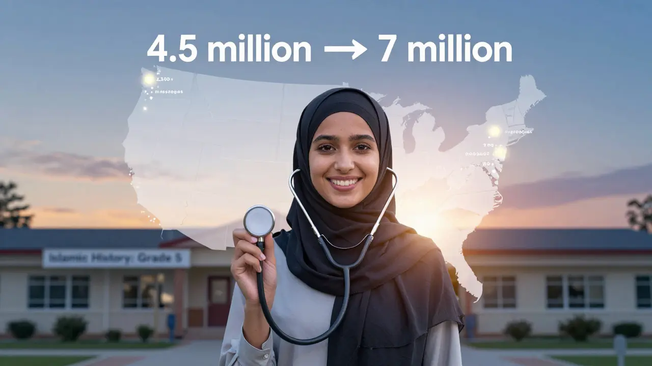 Молодая мусульманка-врач с фоном карты США и роста численности мусульман.