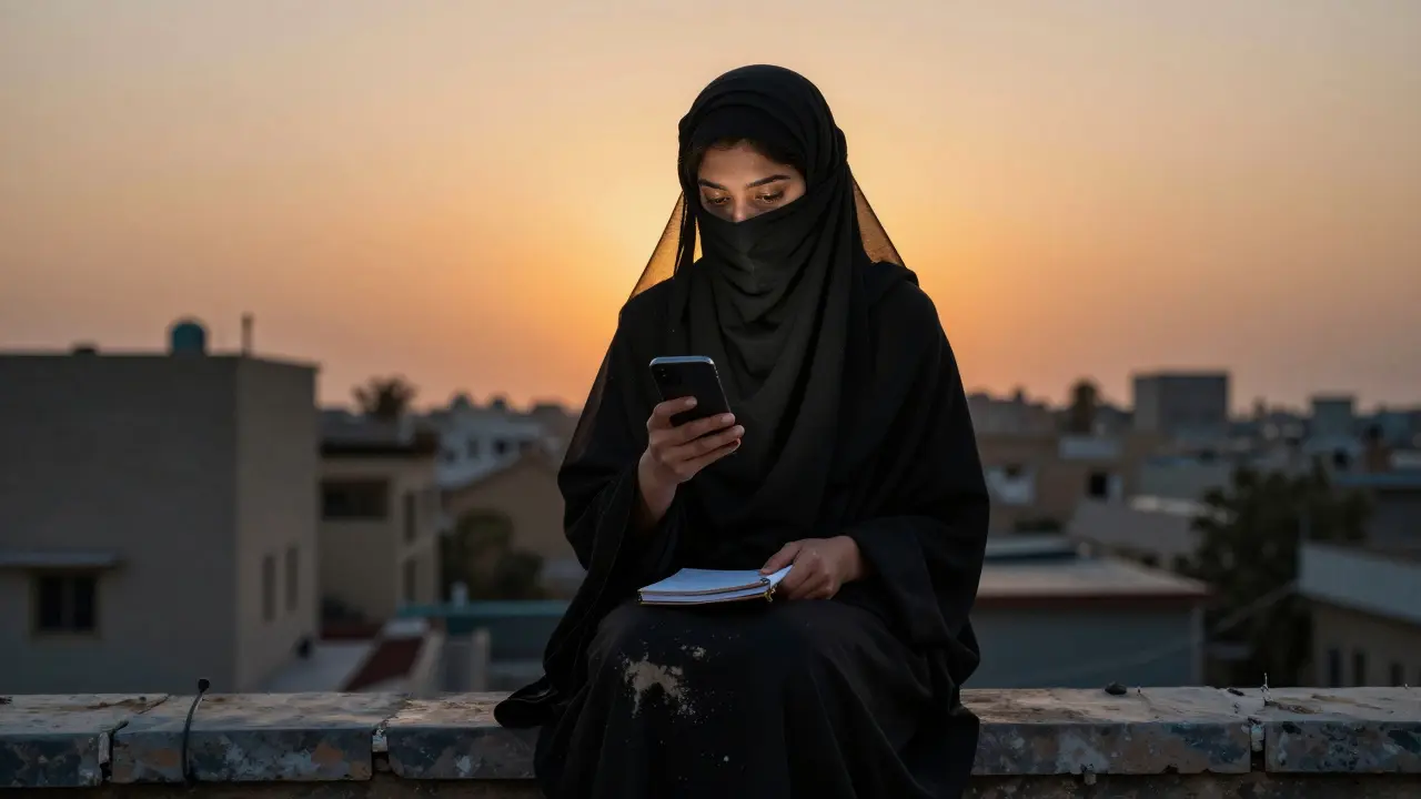 Молодая женщина в бурке сидит на крыше, скрывая смартфон под тканью, за ней — закатный город.