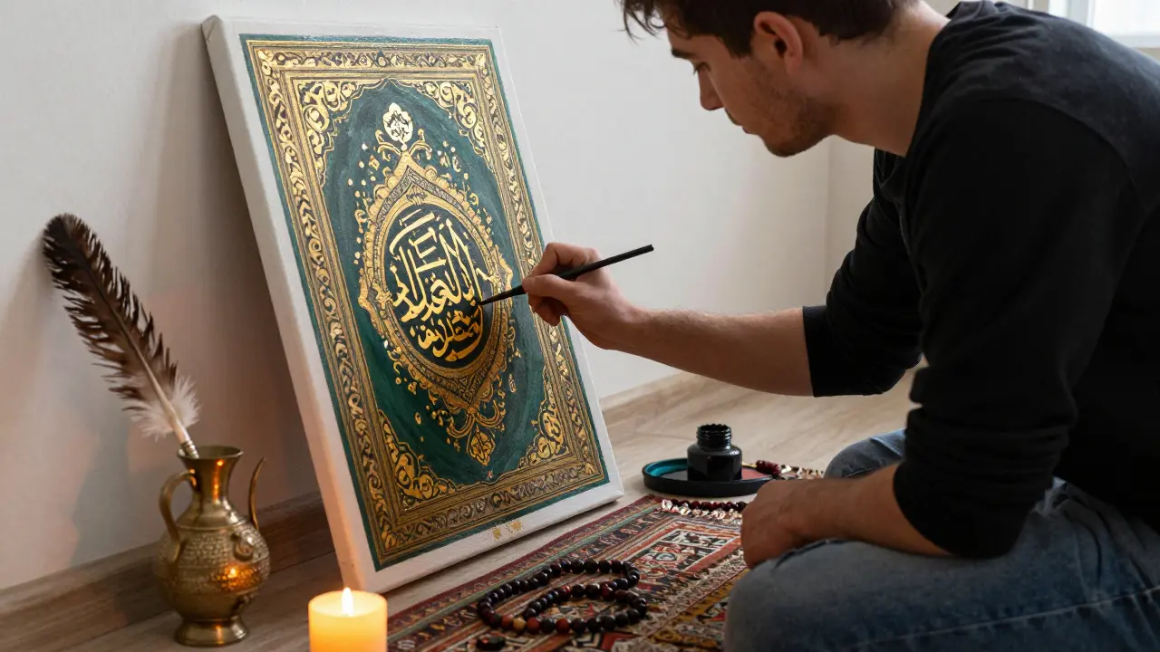 Молодой художник пишет аят из Корана на холсте золотой краской, окружённый традиционными инструментами каллиграфии.