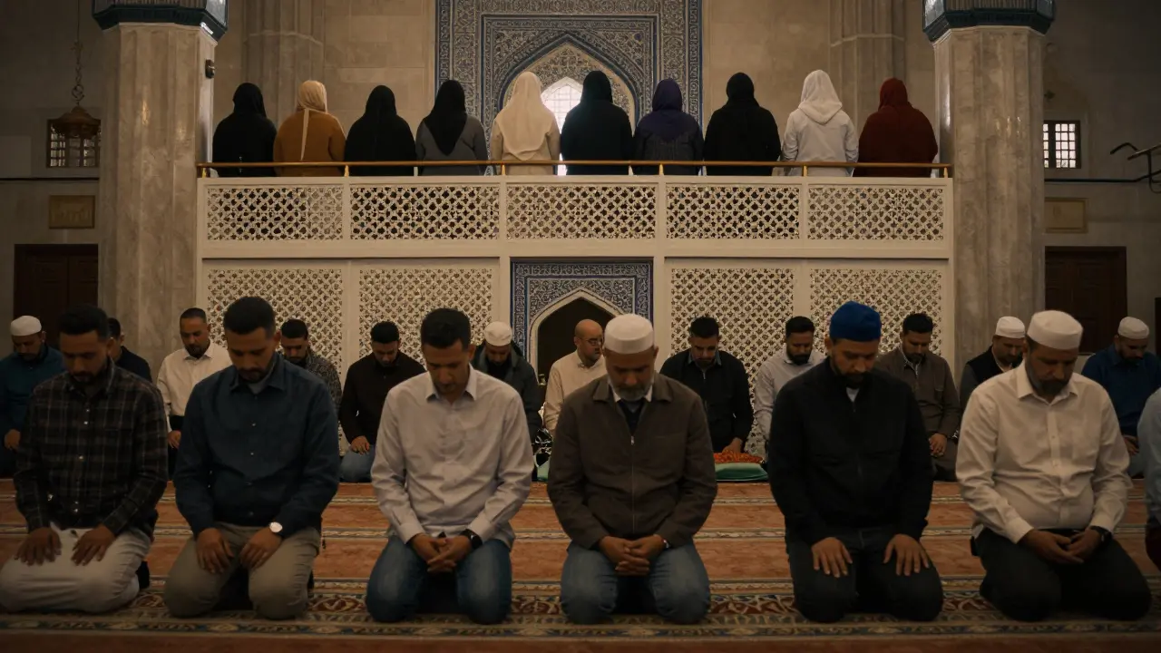 Мужчины и женщины молятся в отдельных зонах, все обращены к михрабу, в тишине и единстве, без икон и фотографий.