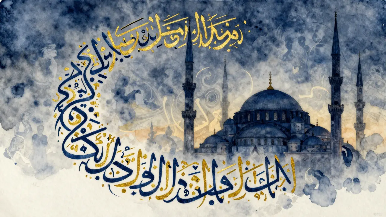 Плавный талик в виде танцующих линий, превращающихся в силуэты мечети.