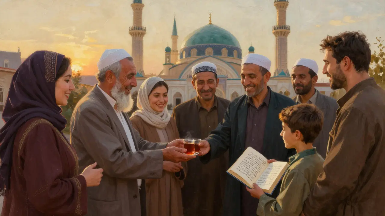 Разные мусульмане вместе вне мечети, делятся чаем и книгой, солнечный закат.