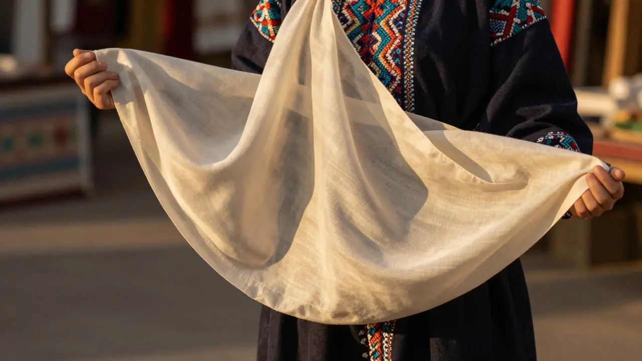 Рука держит шелковую шейлу с тонкой текстурой, на фоне татарской вышивки на одежде.