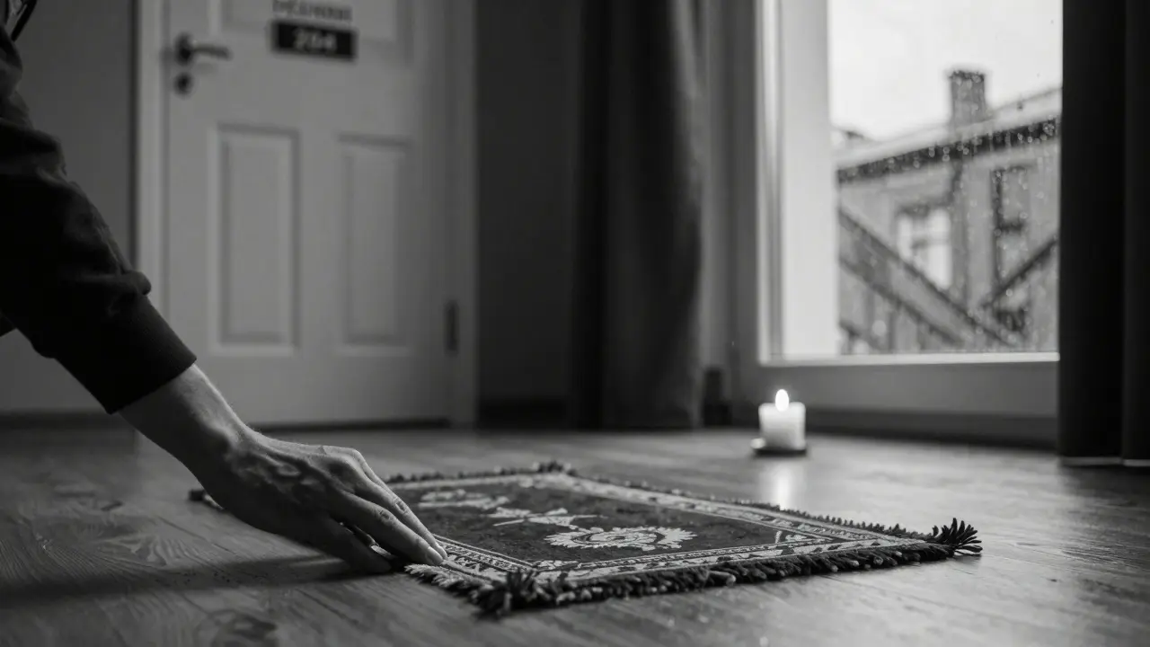 Рука кладет коврик для молитвы в номере гостиницы в Латвии, свеча горит рядом.