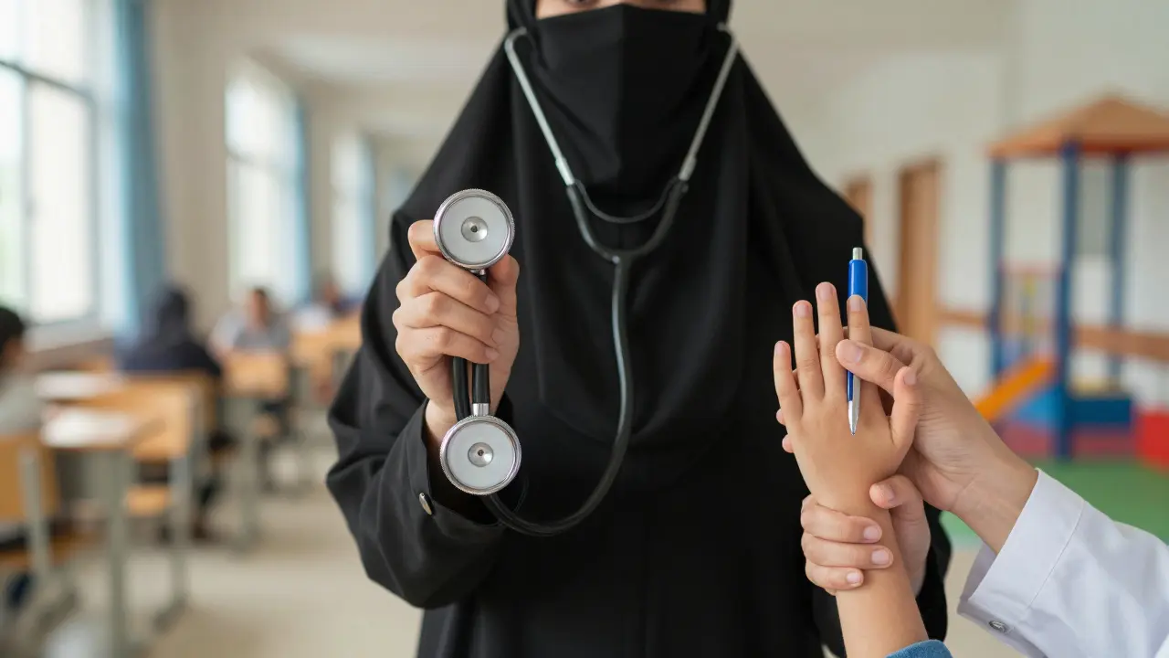 Руки женщины в никабе держат стетоскоп, ручку и руку ребёнка — символ её ролей.