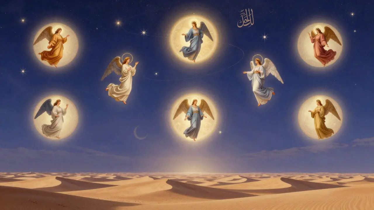 Семь небес над пустыней, каждое с мягким светом и ангелами.