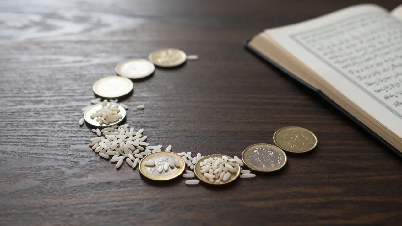 Семь зёрен риса и семь монет на дереве, рядом открыта Книга.