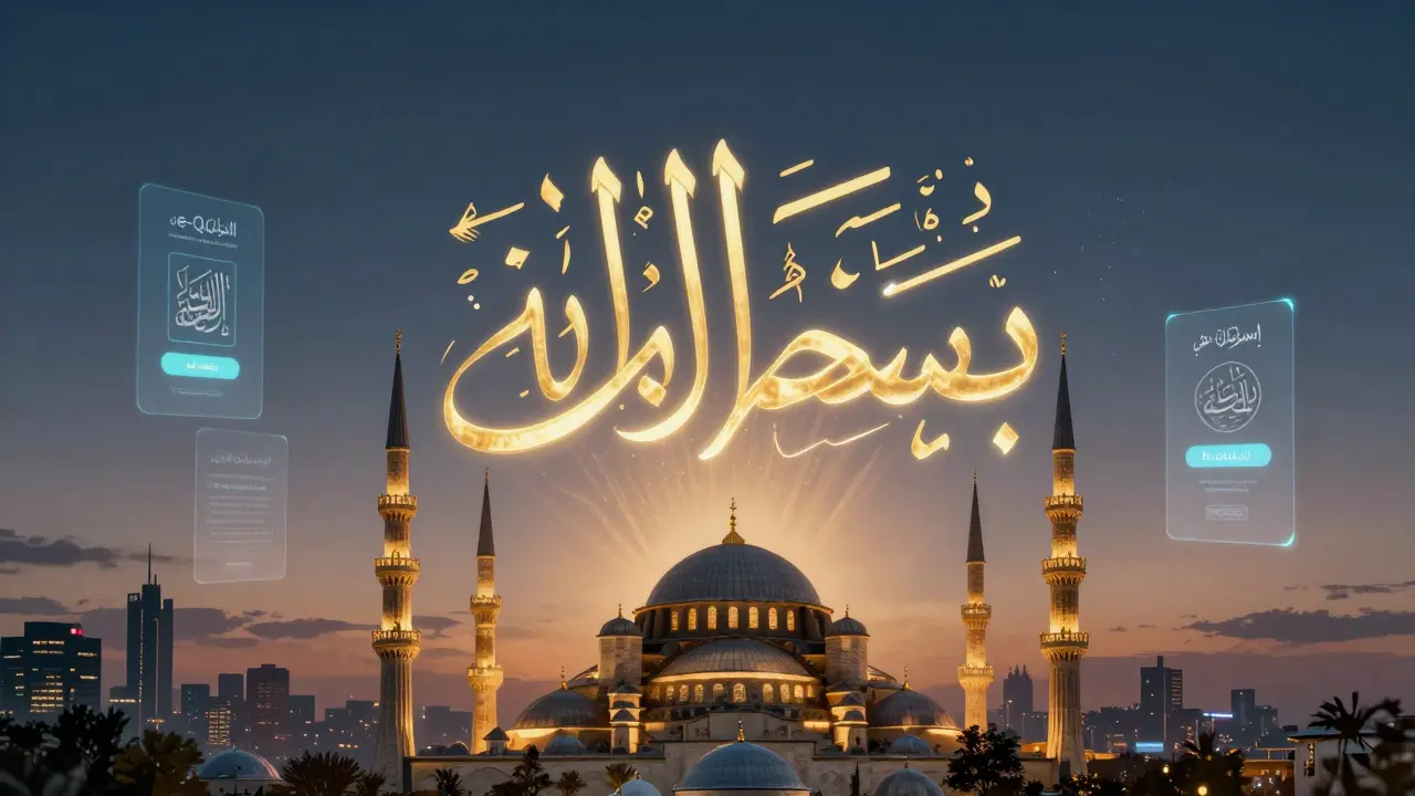 Современная интерпретация письма насх: священное слово светится над городом, соединяя традицию и цифру.