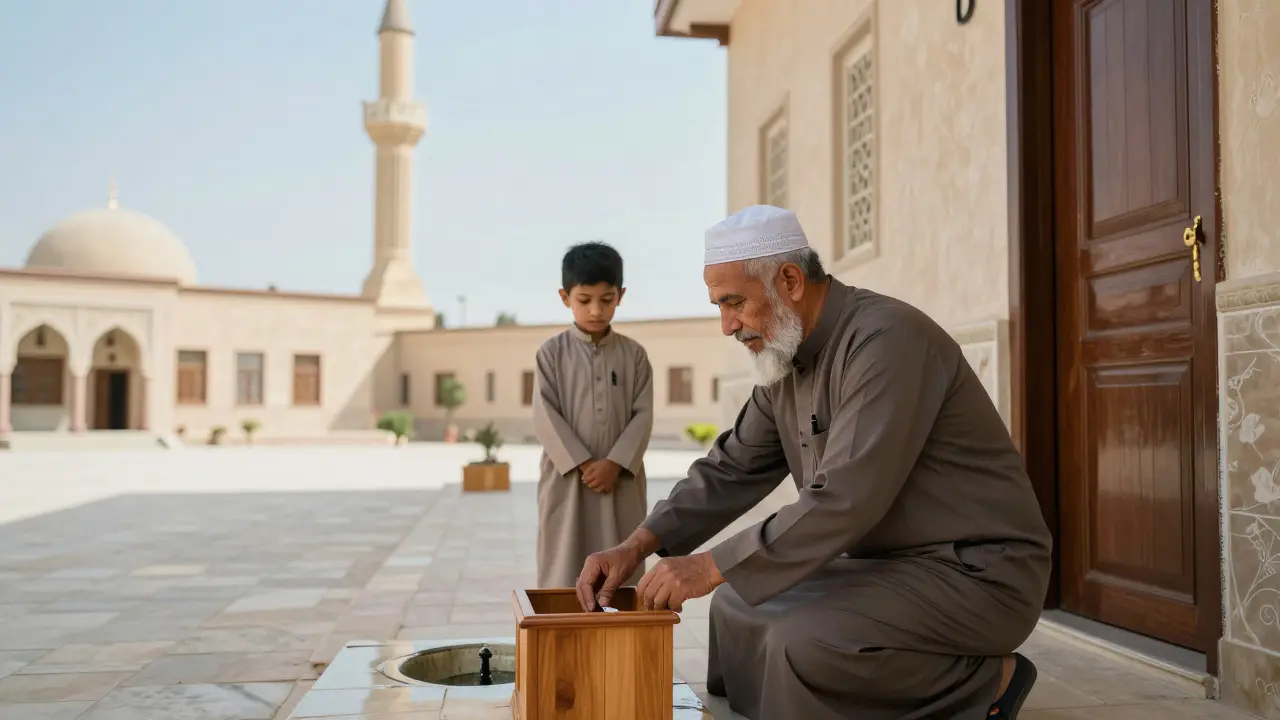 Старик кладёт дар в коробку у входа в мечеть, мальчик наблюдает с уважением, без следов коммерции.