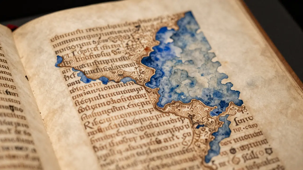 Старинная рукопись на пергаменте с узорами чернил под музейным светом.