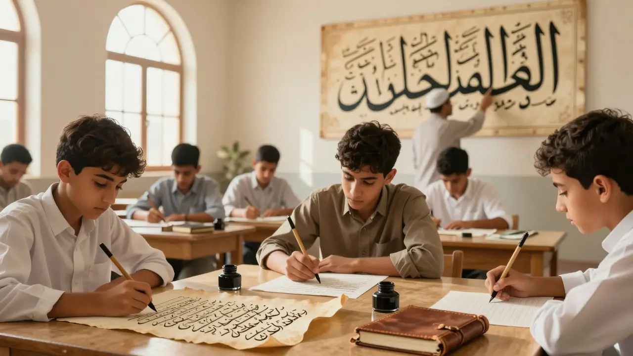 Студенты в классе пишут арабскую каллиграфию насх с использованием тростниковых ручек.