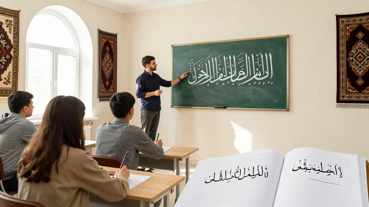 Ученики в Казани учатся писать насх — самый распространённый арабский стиль письма.