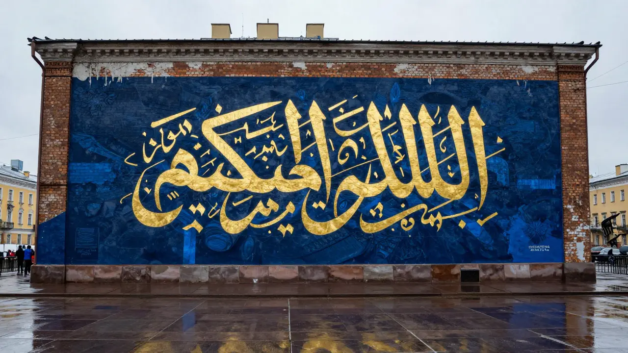 Уличная мурал-картина в Санкт-Петербурге с арабской надписью 'Мир вам'.