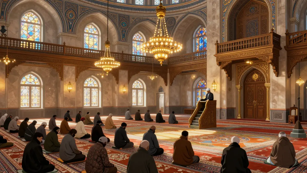 Внутренний вид мечети: деревянные резные панели, ковры и хрустальные люстры, молящиеся люди в тишине.