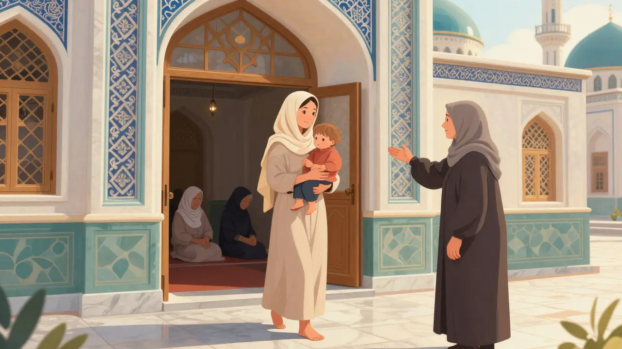 Женщина с ребенком входит в мечеть в Казани, получая хиджаб у входа.