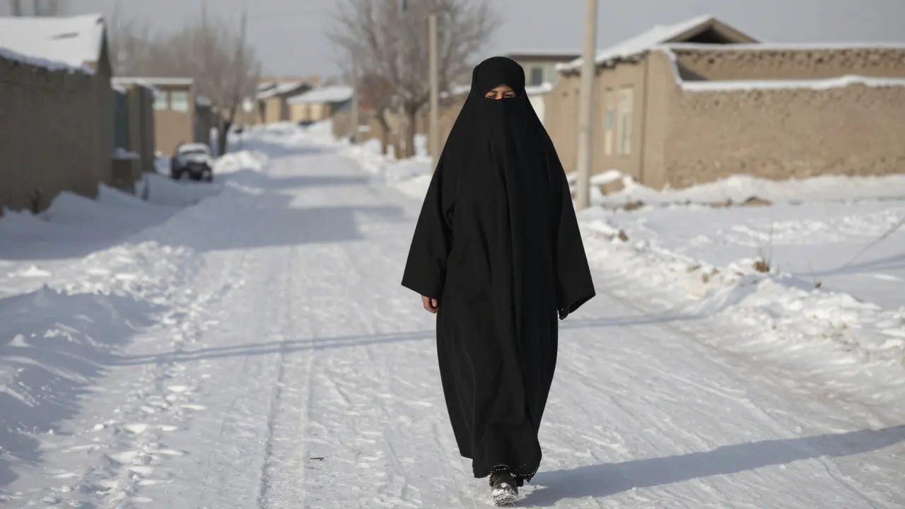 Женщина в бурке на снежной улице в Афганистане, полностью закрытая тканью с узким отверстием для глаз.