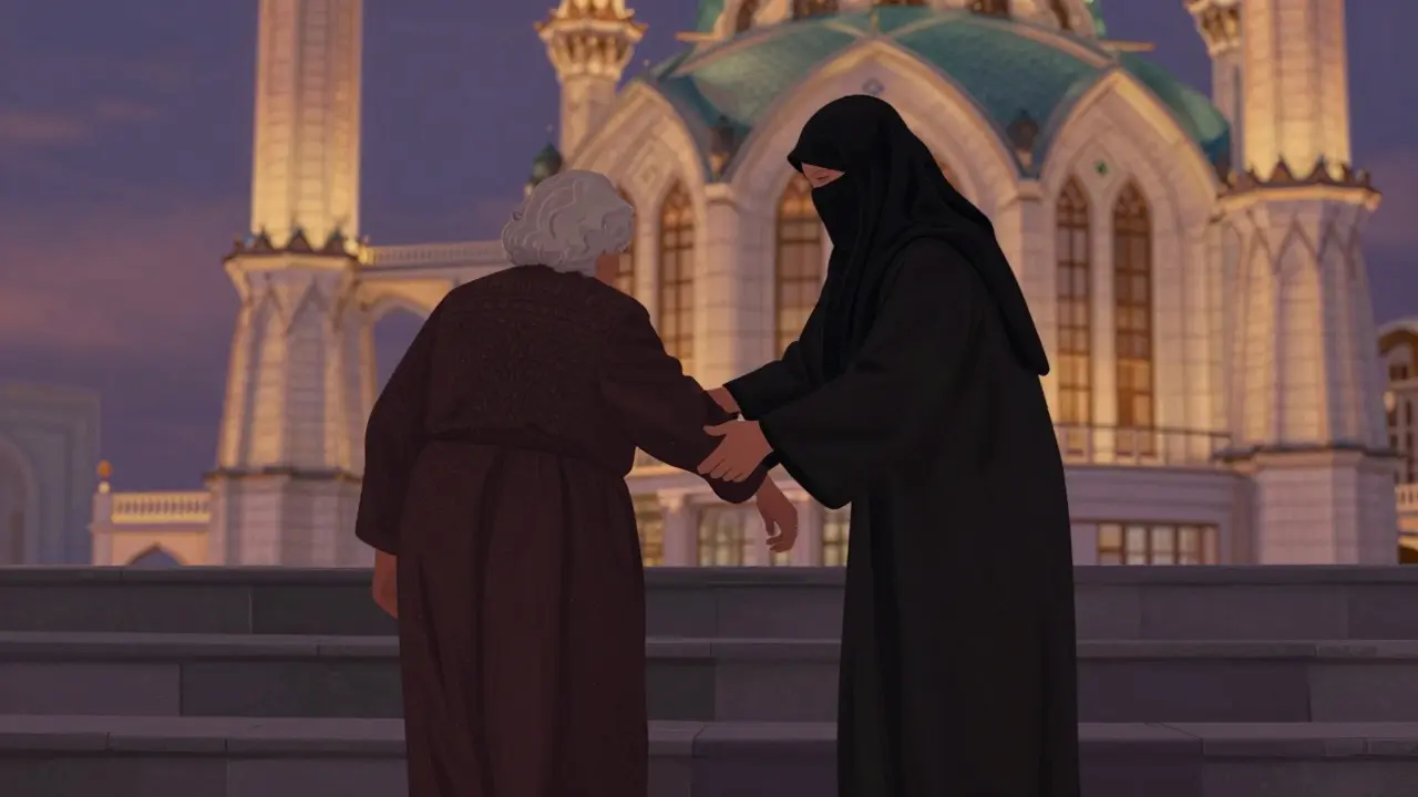 Женщина в никабе помогает пожилой женщине подняться по ступенькам у мечети.