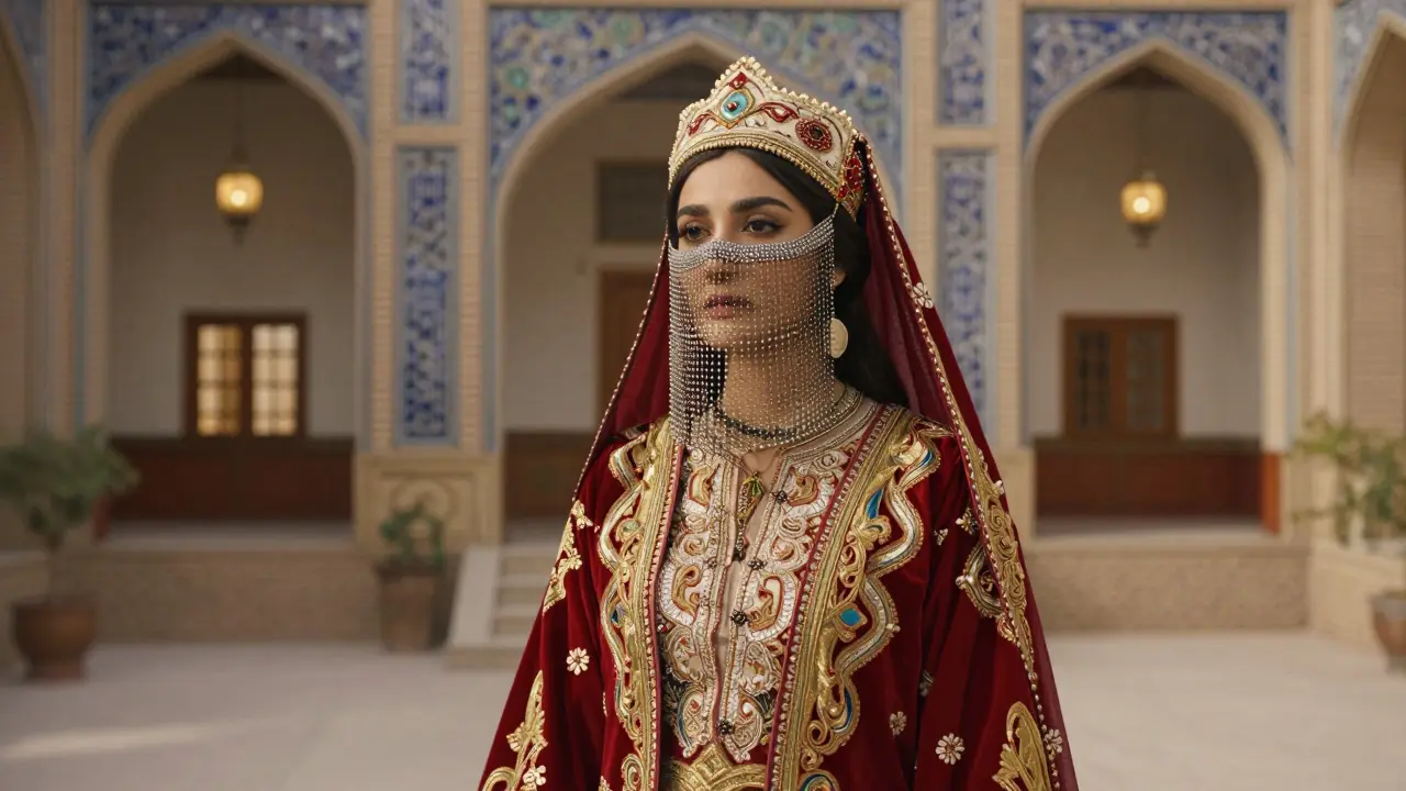 Женщина в традиционной парандже с металлической маской и вышитым головным убором, XIX век, Средняя Азия.