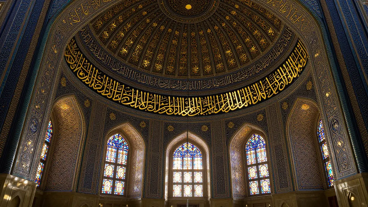 Золотая арабская каллиграфия украшает своды мечети, окутанная светом, проникающим через витражи.