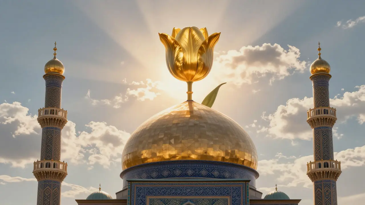 Золотой тюльпан на куполе мечети в Уфе, лепестки напоминают молитвенную позу.