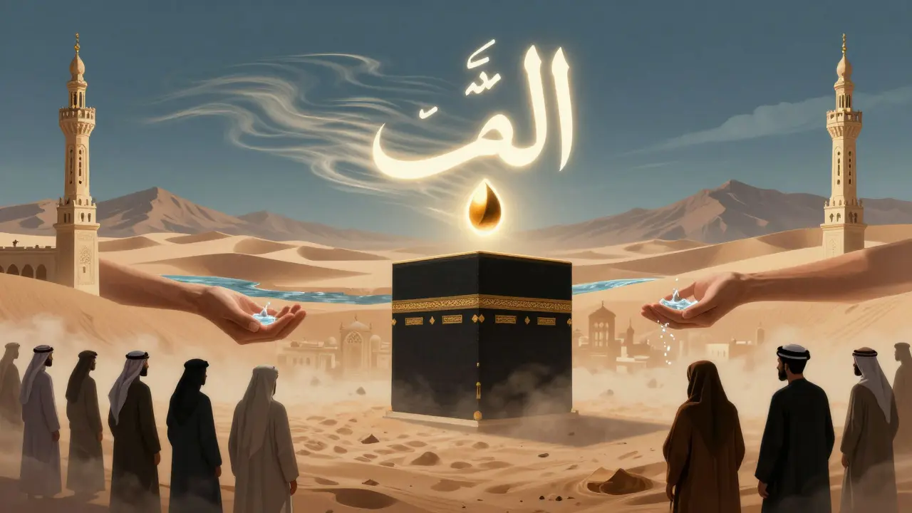 Арабское слово 'Аллах' распространяется как светящееся семя, превращаясь в минареты и центры помощи.