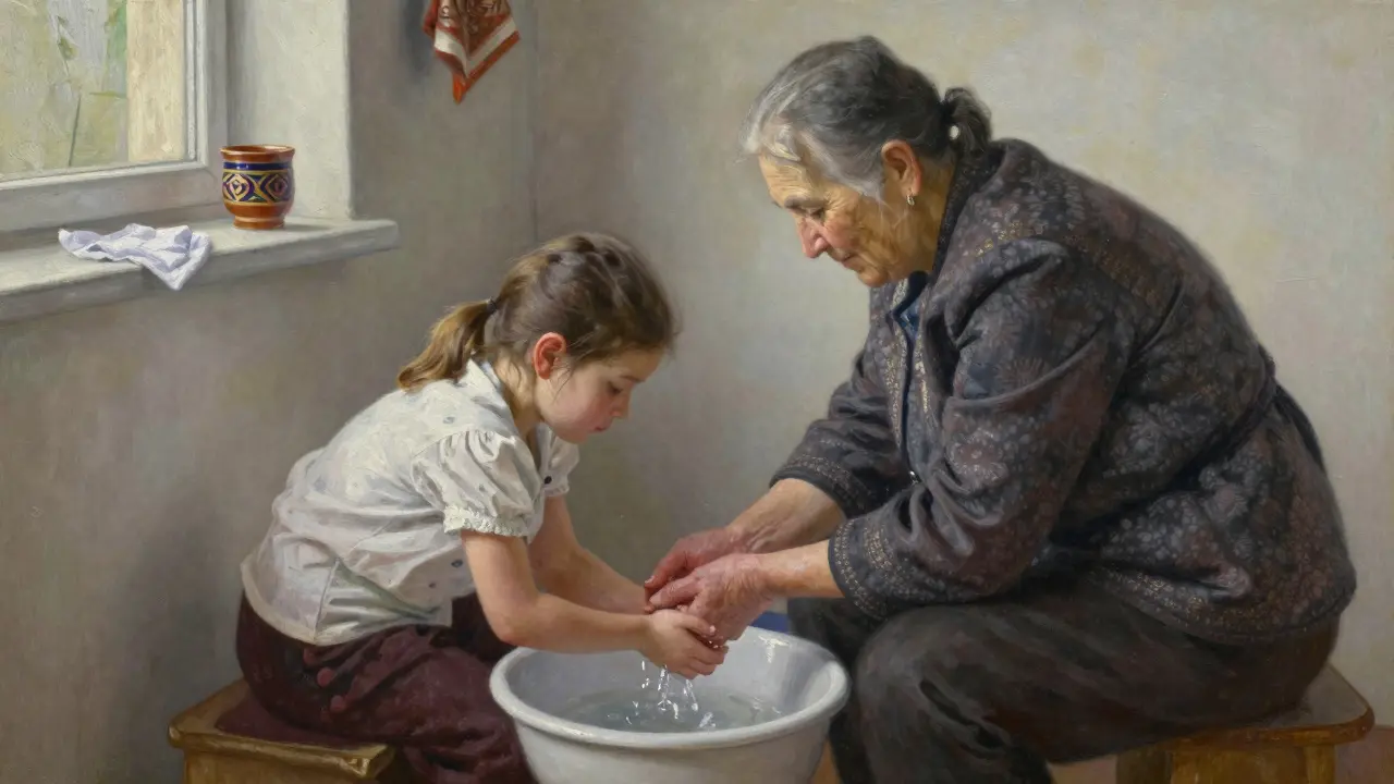 Бабушка учит внучку правильному способу подмывания водой, обе сидят на низком стуле.