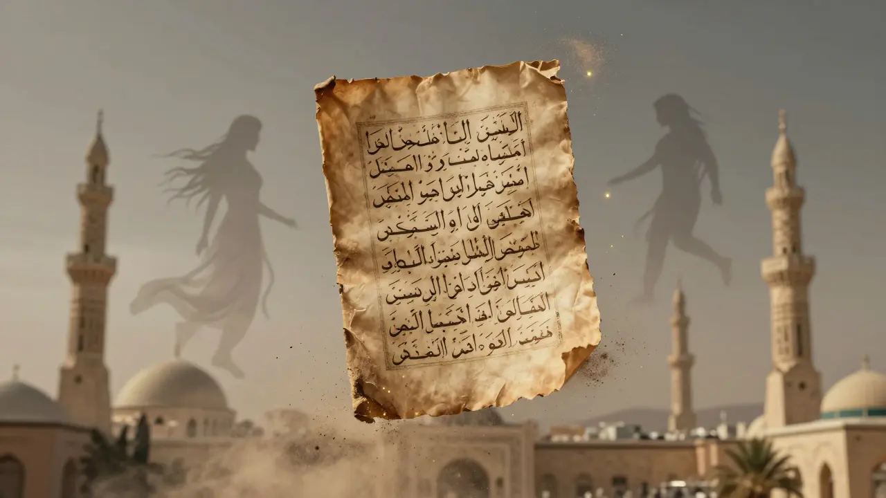 Древний хадис в виде летящего свитка, вокруг которого растворяются силуэты Адама и Евы, символизируя легенду, не подтверждённую верой.