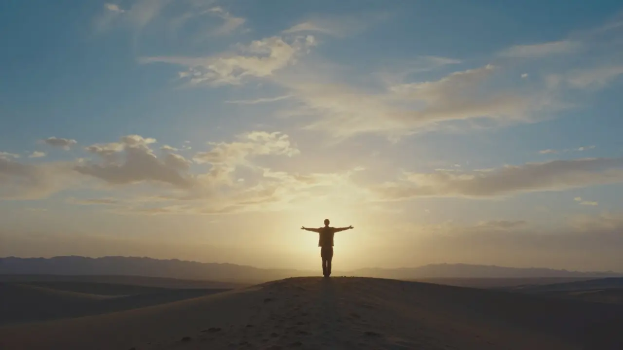 Фигура на пустынном холме обращена к сияющему горизонту, символизирующему божественное присутствие.