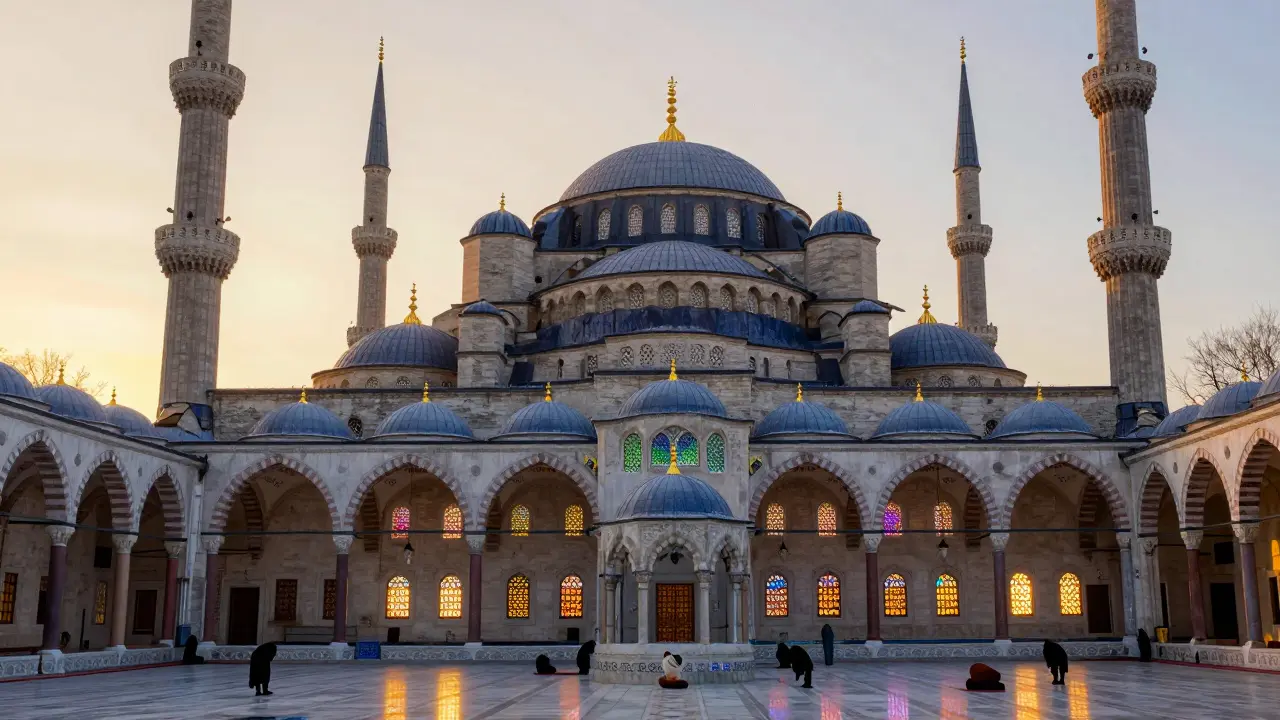 Голубая мечеть в Стамбуле с шестью минаретами и керамическими плитками под закатом.