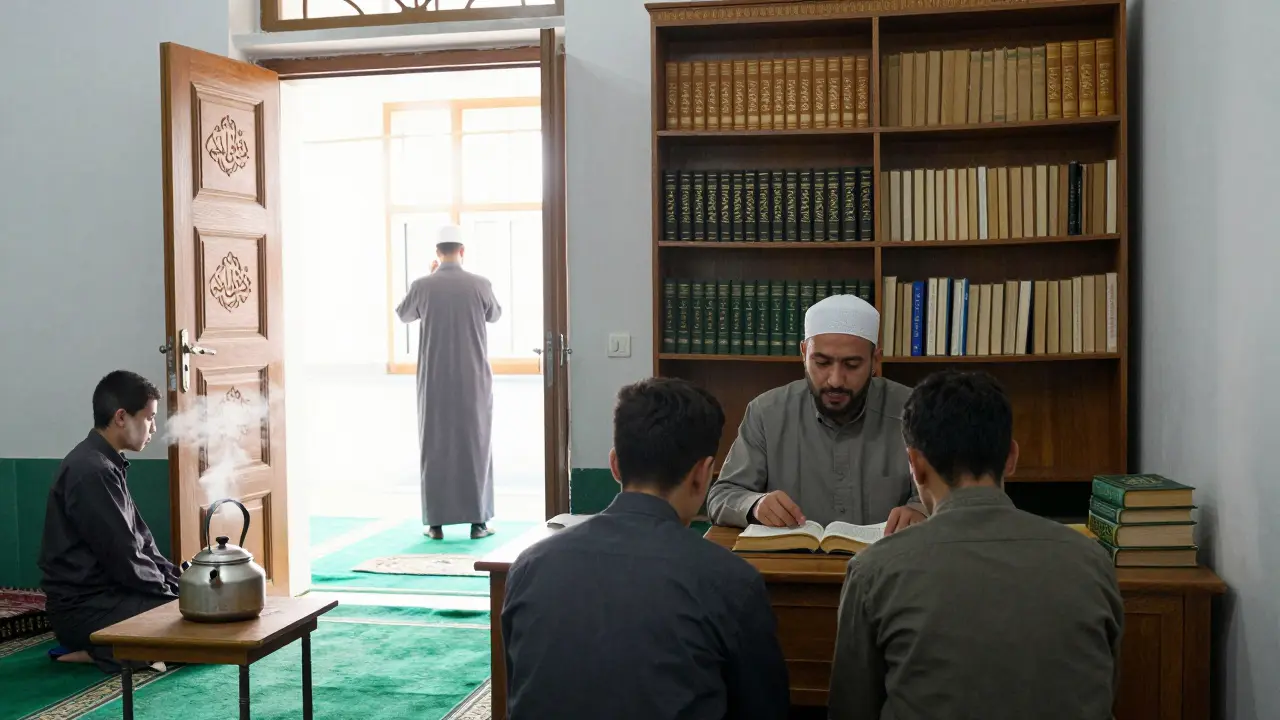 Имам объясняет Коран молодым ученикам в скромной мечети, рядом — книги и чайник.