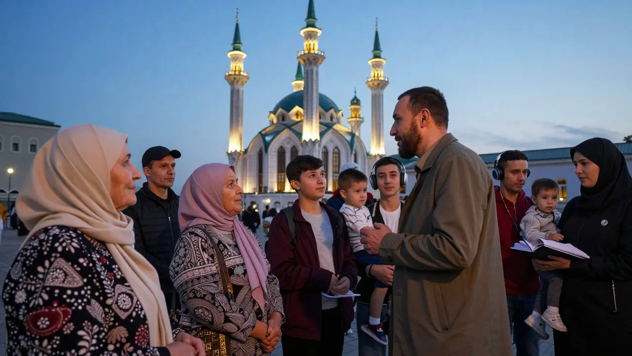 Имам разговаривает с прихожанами вечером у мечети, включая женщин, детей и молодёжь.