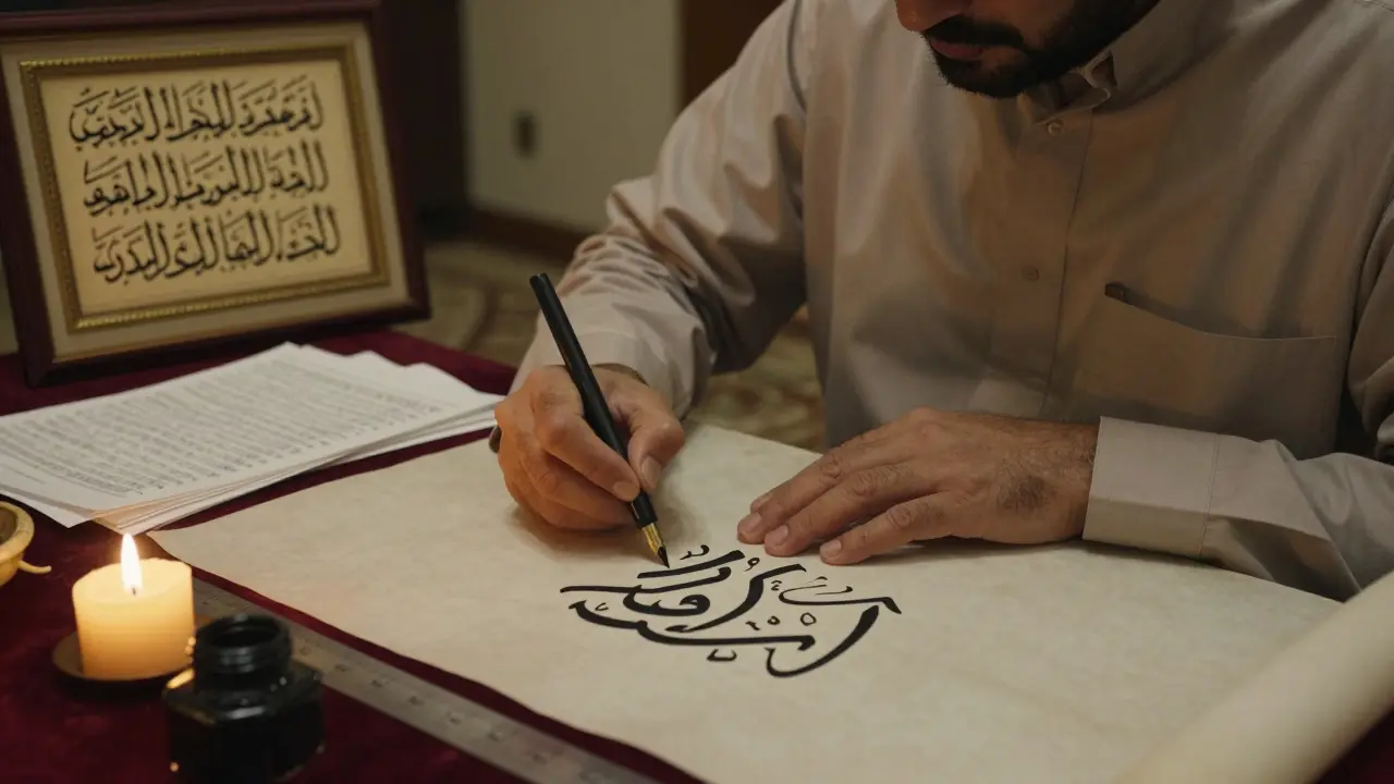 Каллиграф с тростниковой ручкой делает паузу перед написанием буквы з после р.