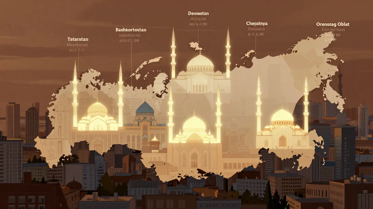 Карта России с выделенными регионами по количеству мечетей: Татарстан, Башкортостан, Дагестан, Чечня и Оренбургская область, силуэты мечетей пропорциональны статистике.