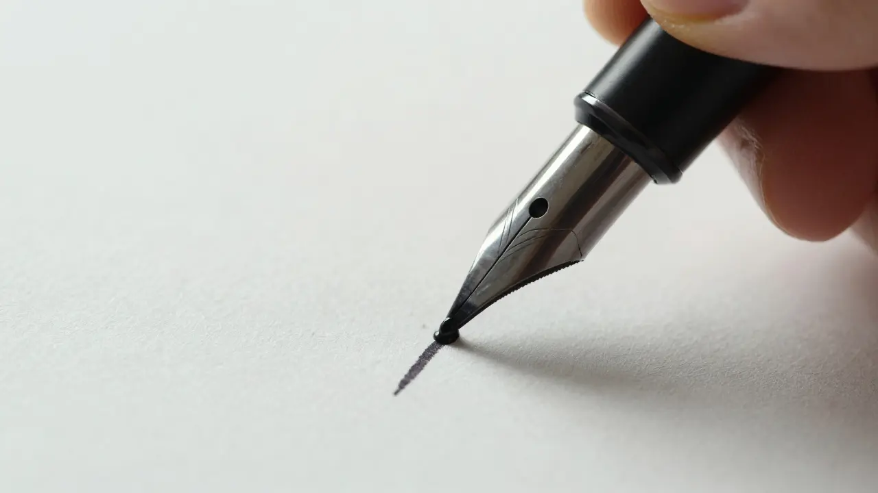 Крупный план пера, наносящего чернила на бумагу