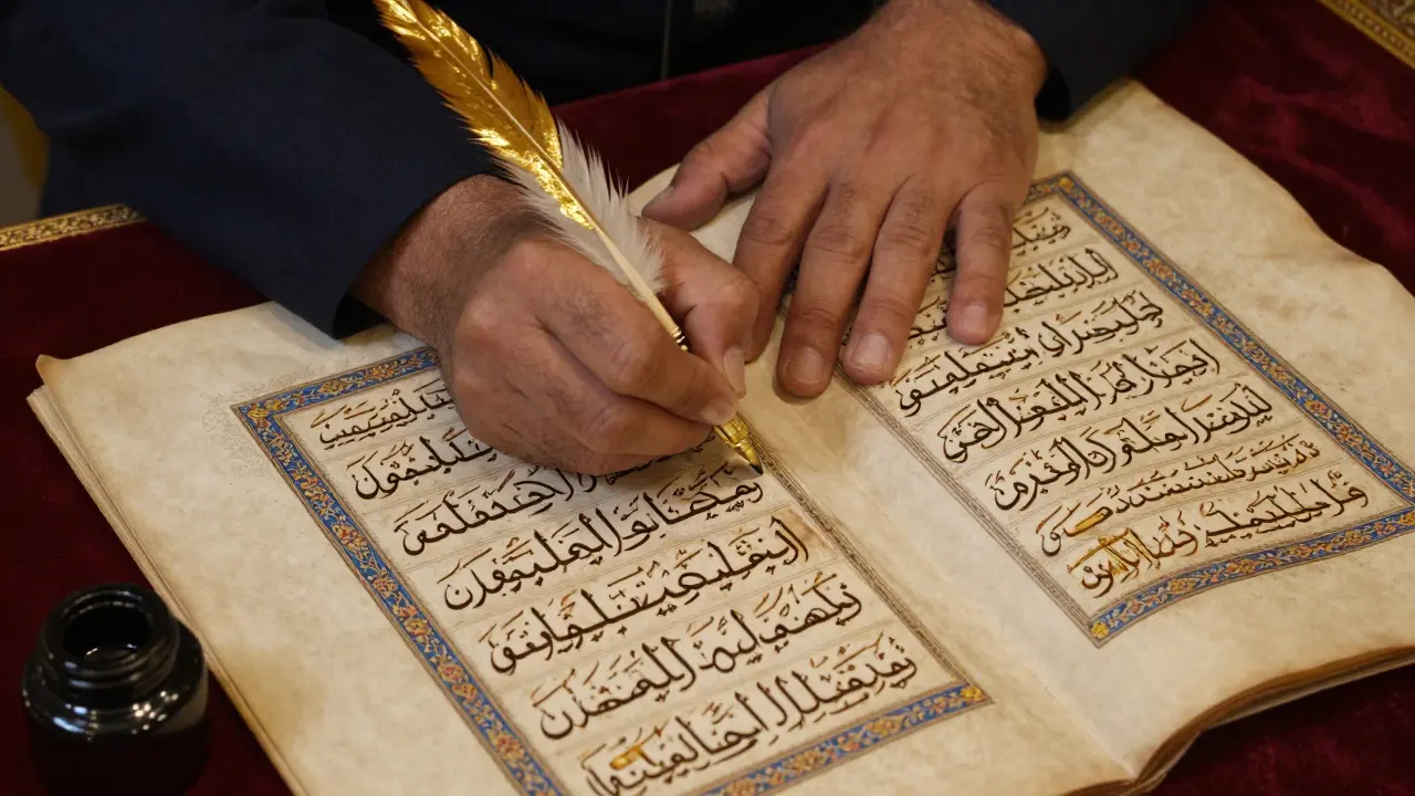 Мастер-каллиграф пишет аят Корана золотыми чернилами, текст тянется справа налево в стиле средневекового иллюминированного свитка.