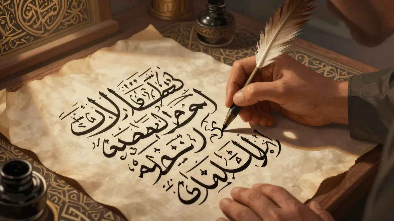 Мастер-каллиграф пишет изящные связанные арабские буквы на пергаменте тростниковым пером.