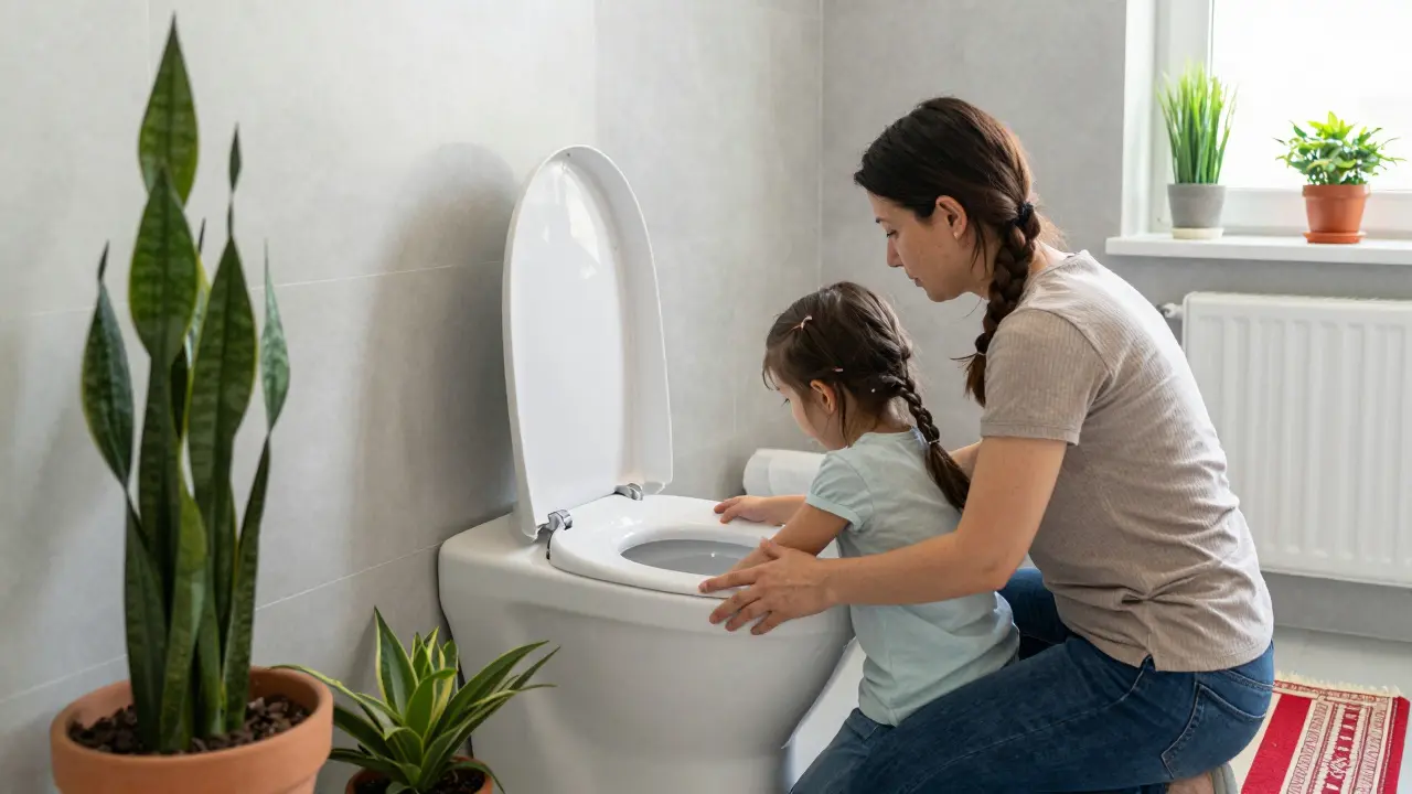 Мать учит дочь ритуалу омовения с помощью биде в турецкой ванной комнате.