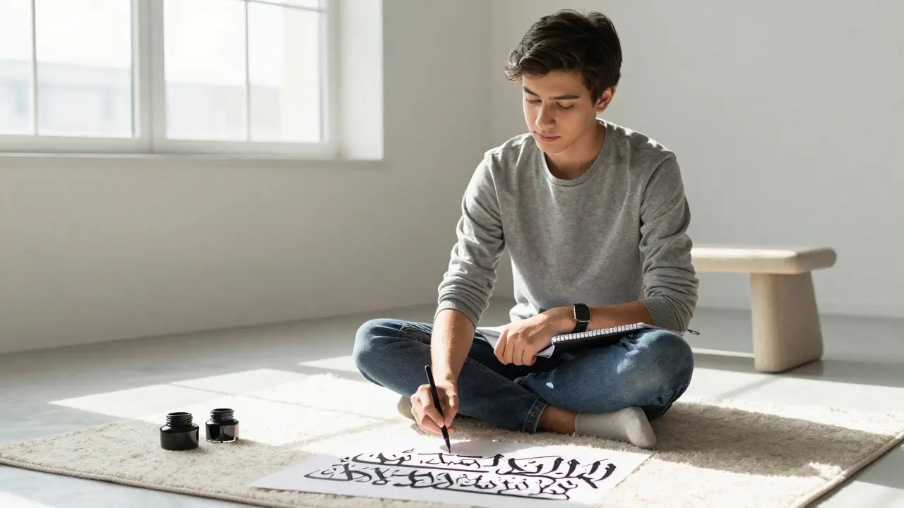 Молодой человек медитативно пишет арабскую каллиграфию, сидя на полу с тетрадью на коленях.