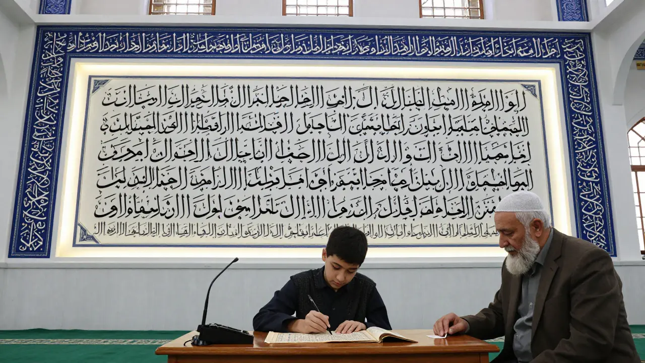 Молодой ученик учится арабской каллиграфии в современной мечети Казани, рядом с мастером.