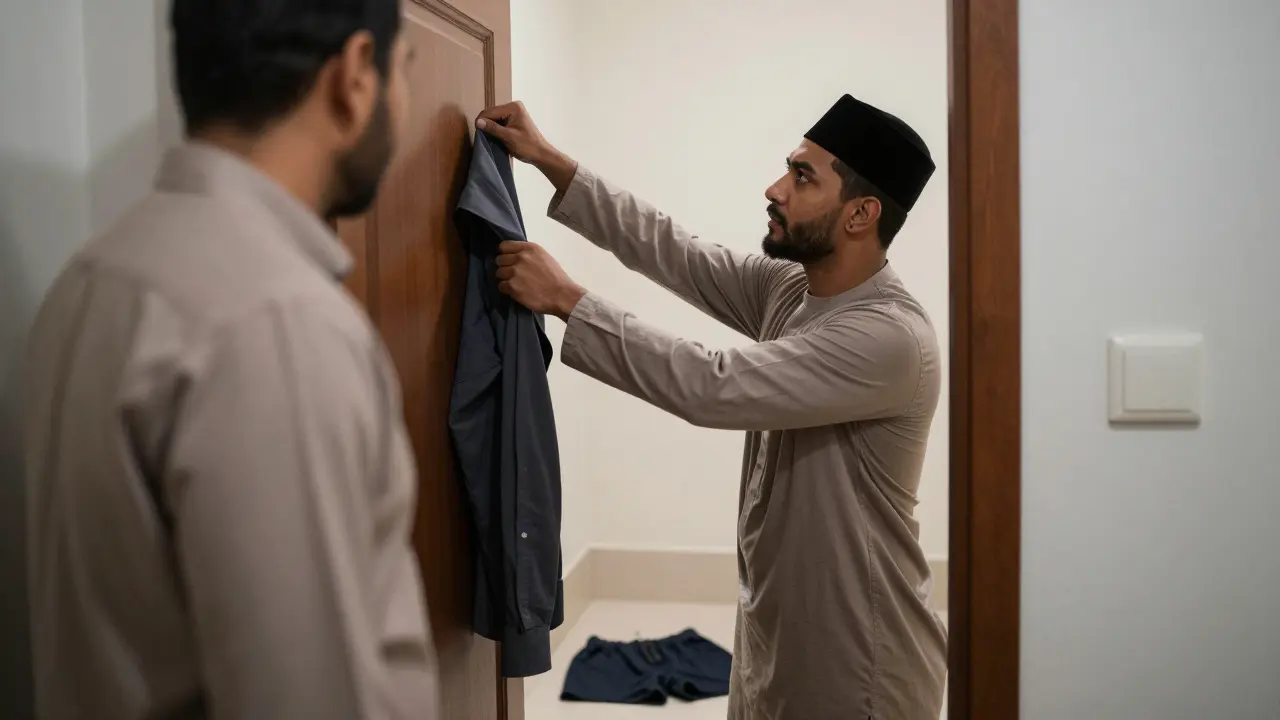 Мужчина в домашней одежде останавливается, услышав стук в дверь — шорты лежат на полу рядом.