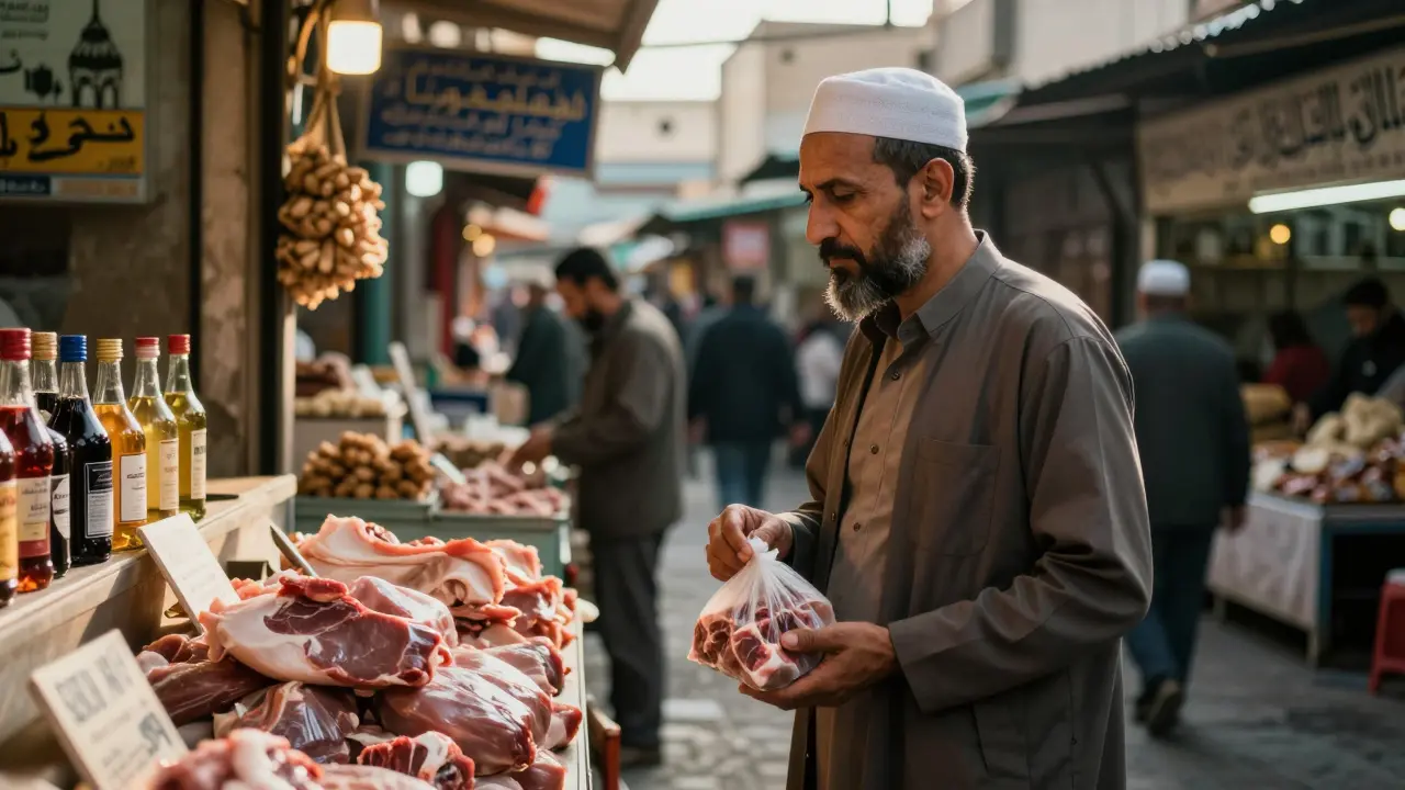 Мужчина в рынке выбирает между халяльным мясом и запрещёнными продуктами.