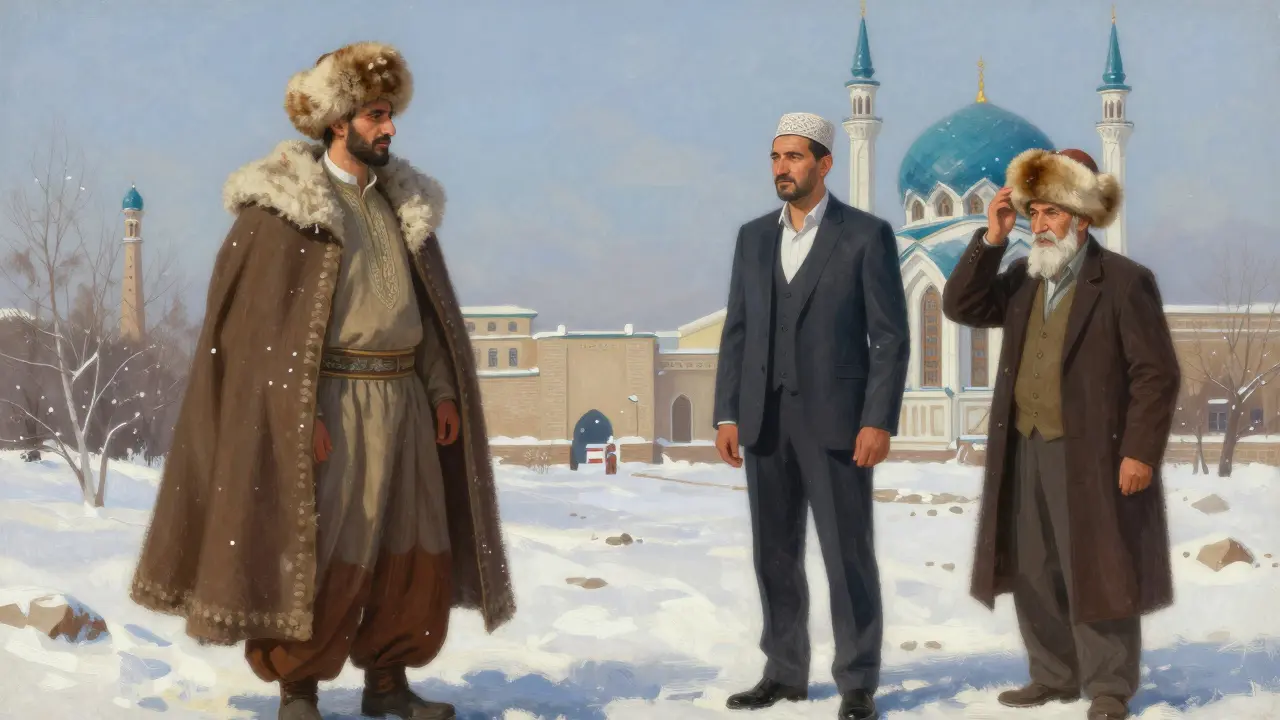 Мужчины в исламской одежде: изгай, тиба и гуфта на фоне мечети в зимнем городе.