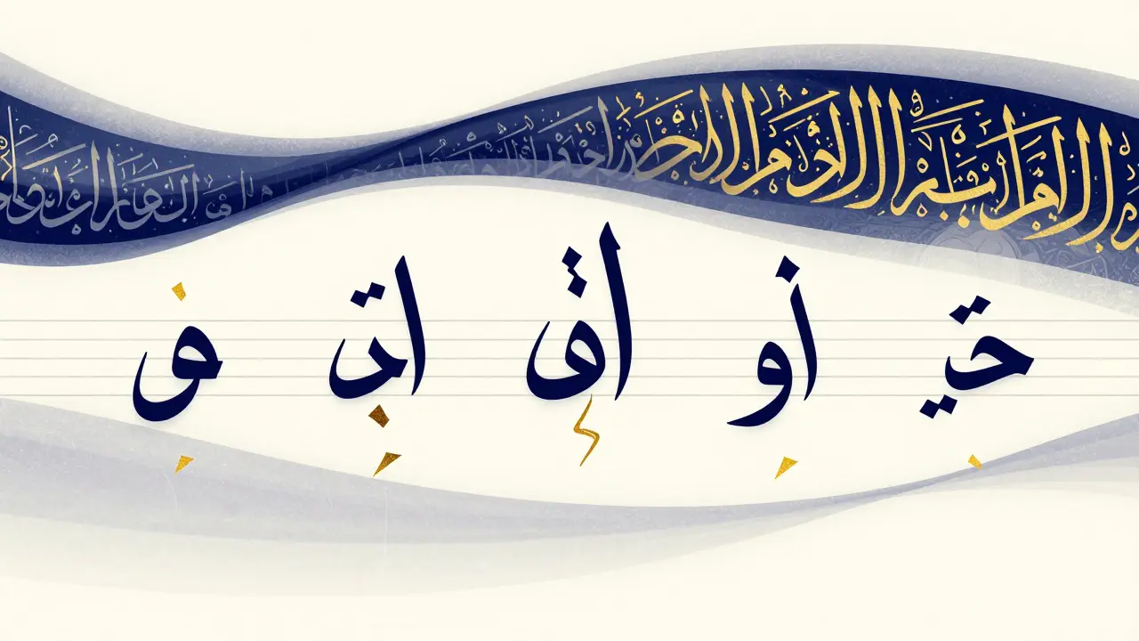 Пять арабских букв с зазорами после каждой, парящие над абстрактной каллиграфической волной.