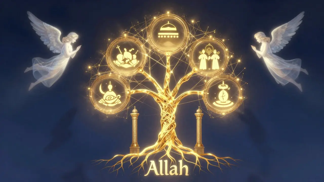 Пять столпов ислама изображены как золотые нити, образующие дерево, возглавляемое словом 'Аллах'.