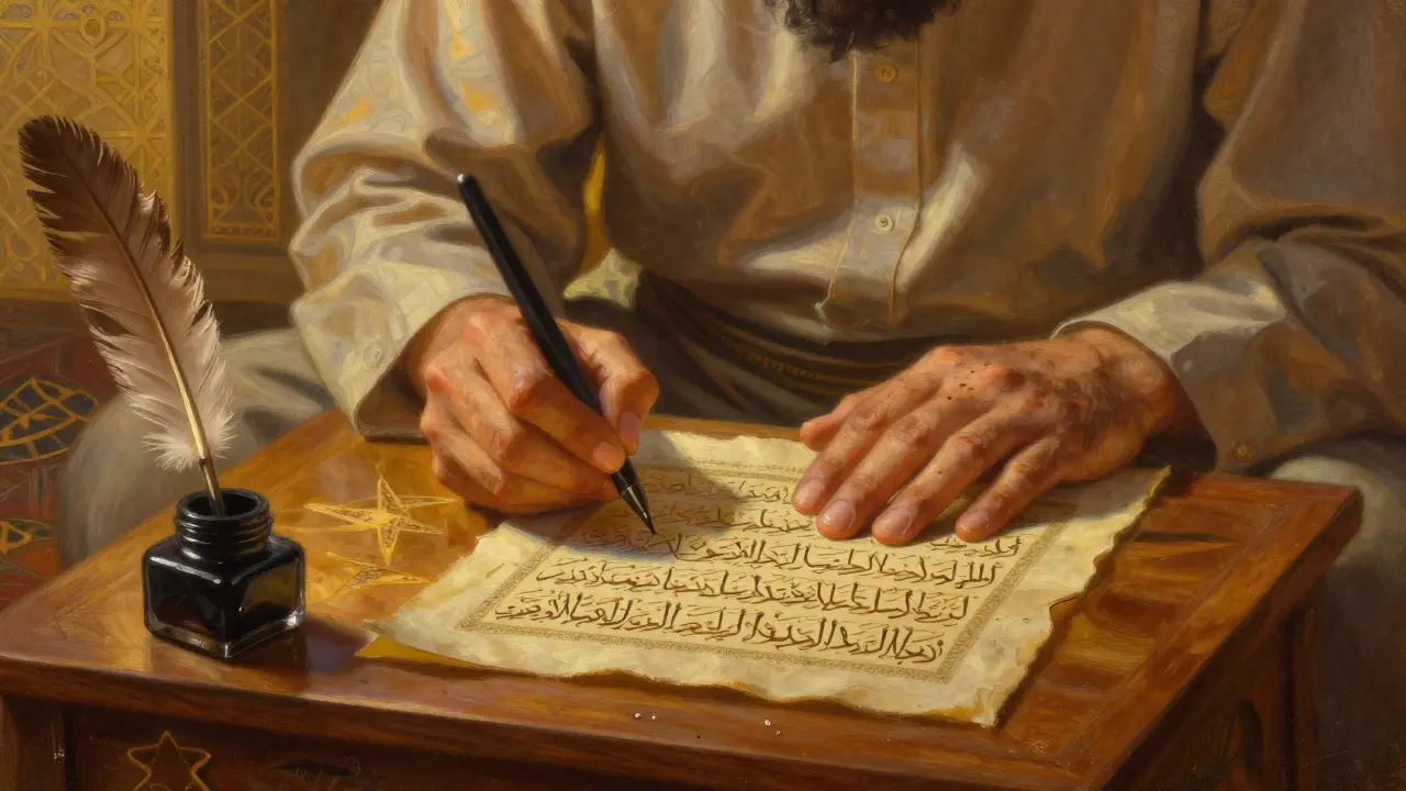 Писец пишет арабскую каллиграфию с чистыми руками, символизируя духовную чистоту.