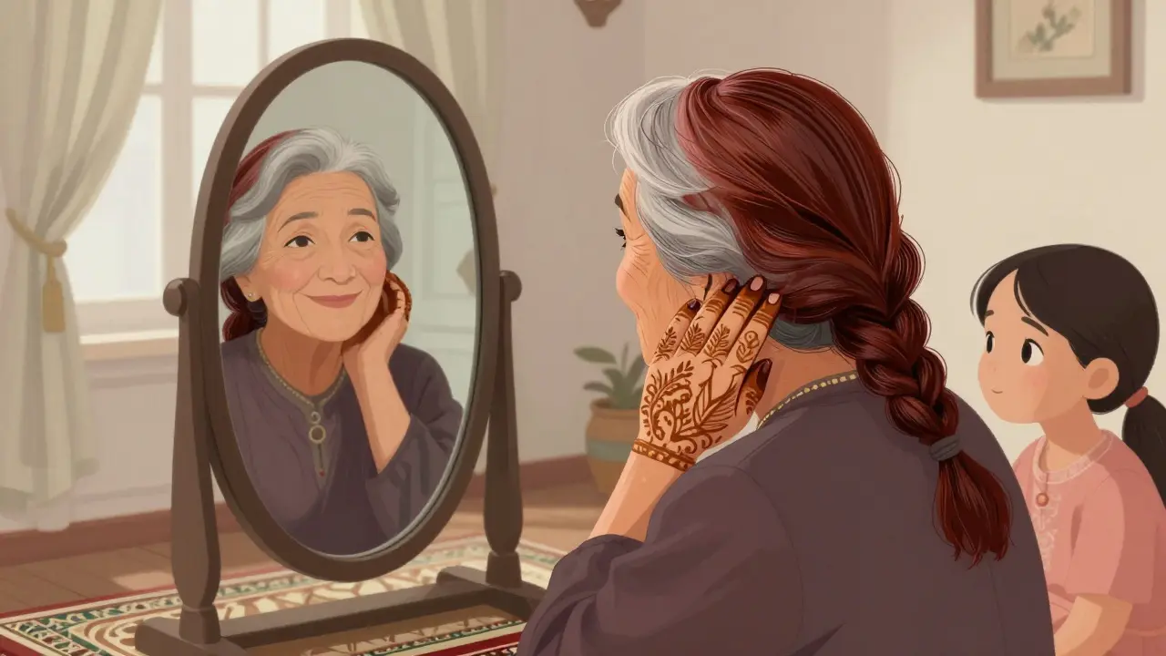 Пожилая женщина с рыжеватыми волосами смотрит в зеркало, рядом с внучкой.