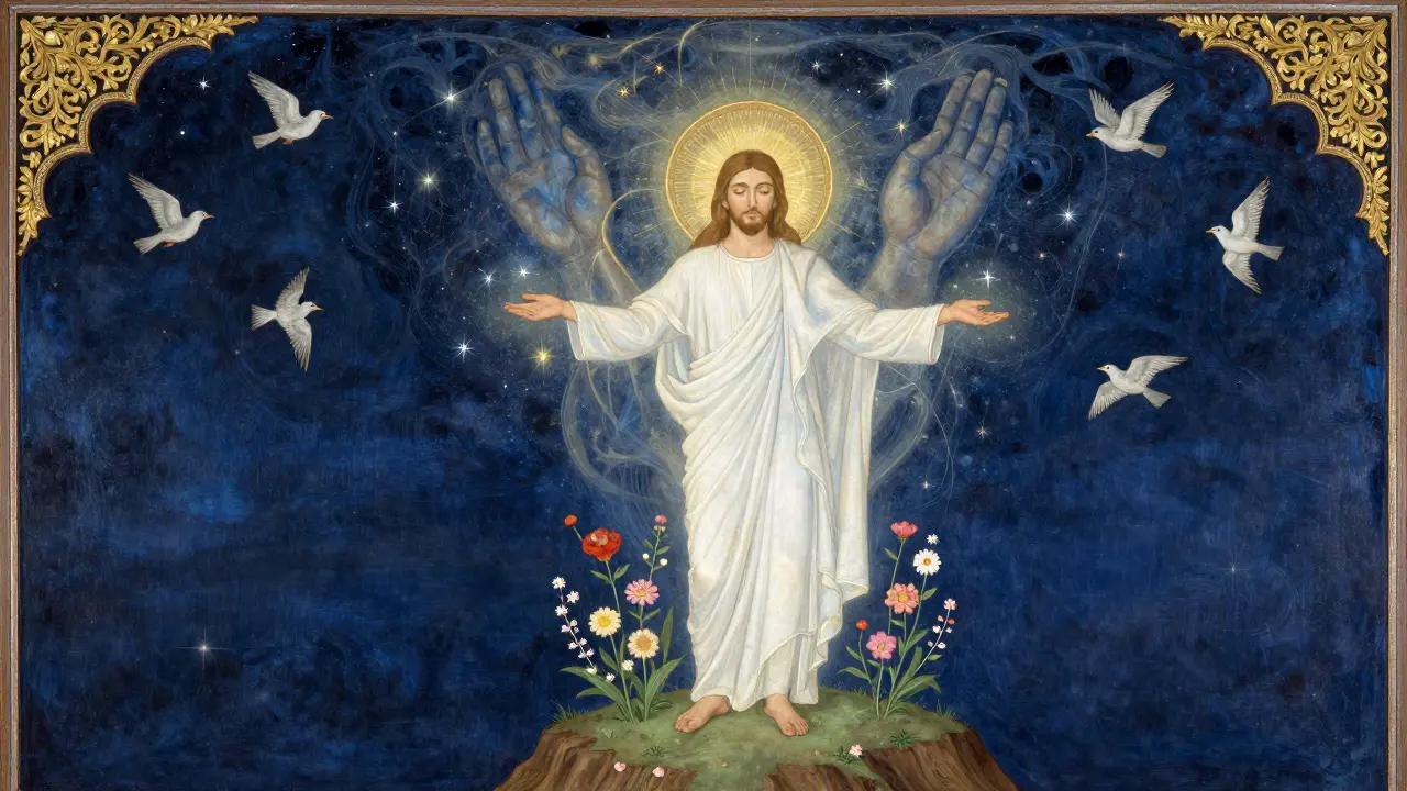 Пророк Иса стоит на скале, окруженный светом и птицами, а за ним — величественная рука из звезд.