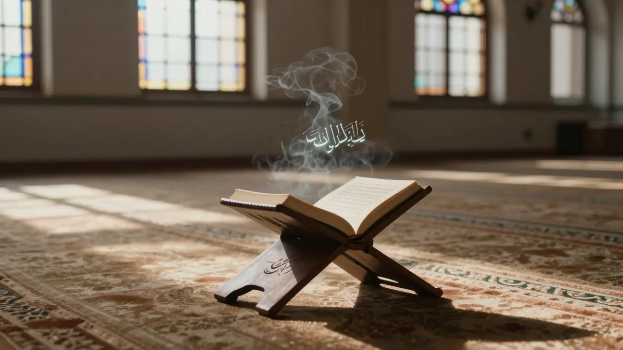 Пустой молитвенный коврик в мечети с открытым Кораном, на котором виден текст о единстве Аллаха.