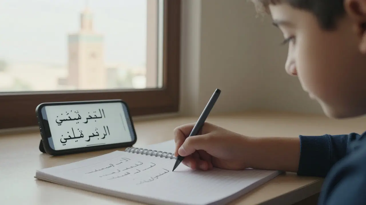 Ребёнок в Марокко пишет арабские буквы в тетради, а на телефоне рядом — корректно отображённый текст справа налево.