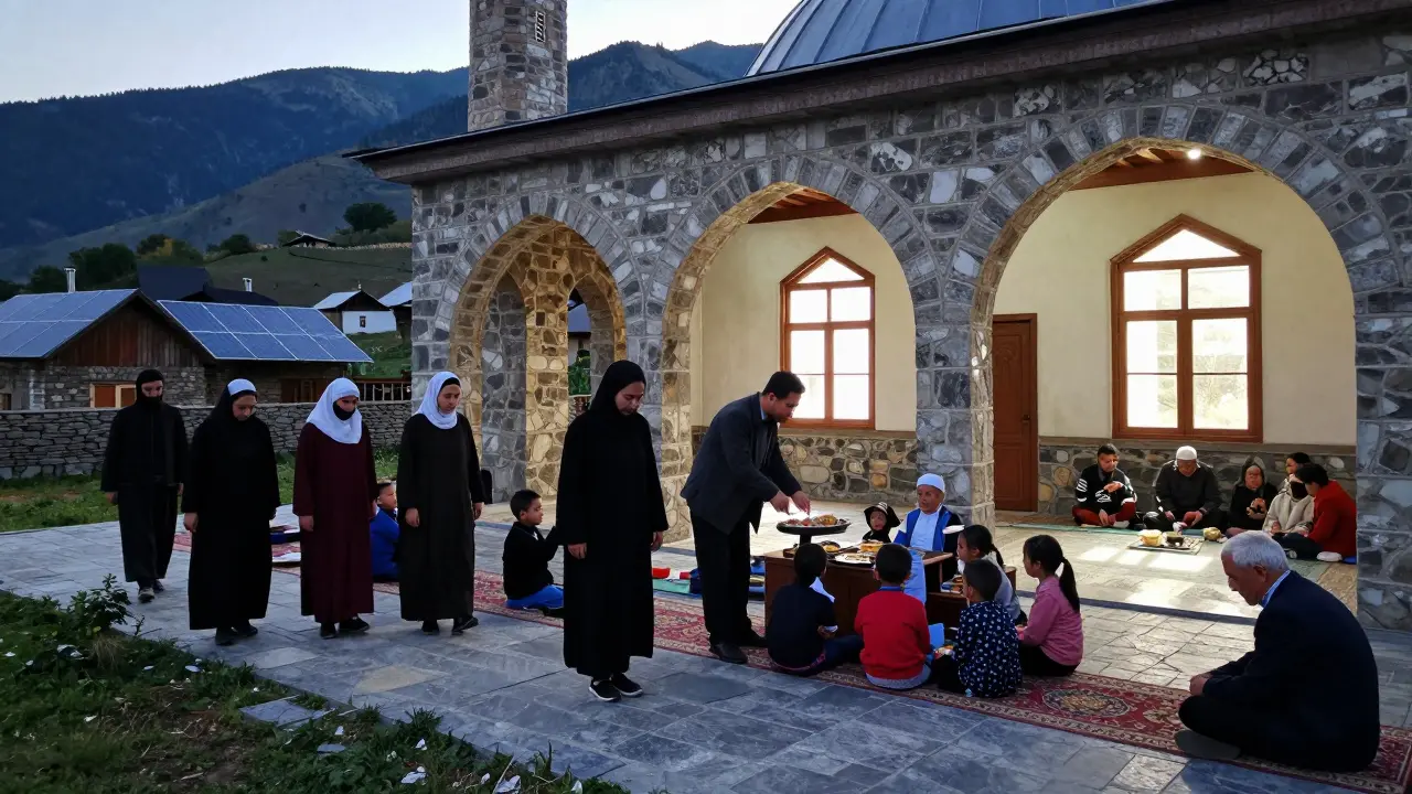 Сельская мечеть в Дагестане на рассвете: люди молятся, дети учатся, пожилые отдыхают — мечеть как центр социальной жизни.